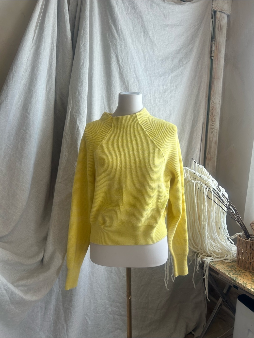 Free People Sunny Yellow Ribbed Mock Neck Sweater